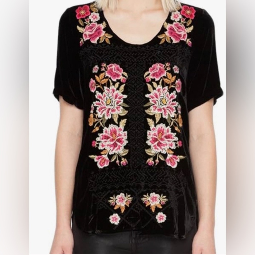 JOHNNY WAS BLACK HILA VELVET BOHO EMBROIDERED BLOUSE
